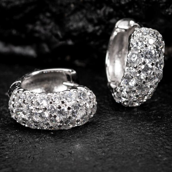 Honey Comb Flower Set White Gold Plated 925 Sterling Silver Cz Hoop Earrings - Picture 1 of 6